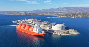A liquified natural gas tanker is anchored outside Salamina, Greece.Shutterstock