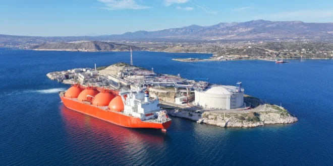 A liquified natural gas tanker is anchored outside Salamina, Greece.Shutterstock
