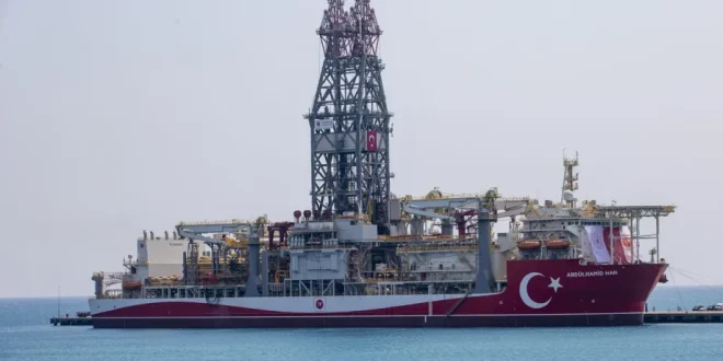 Abdulhamid Han drillship anchored off Port of Tasucu of Mersin, Turkiye as drillship to be set off from the port city of Mersin,Turkiye to begin hydrocarbon exploration in the Mediterranean Sea on August, 09, 2022 [Emin Sansar/Anadolu Agency]