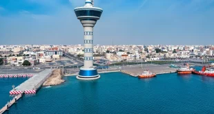 The iconic control tower and harbor at the Port of Yanbu, Saudi Arabia.Shutterstock