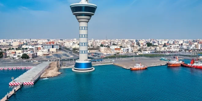 The iconic control tower and harbor at the Port of Yanbu, Saudi Arabia.Shutterstock